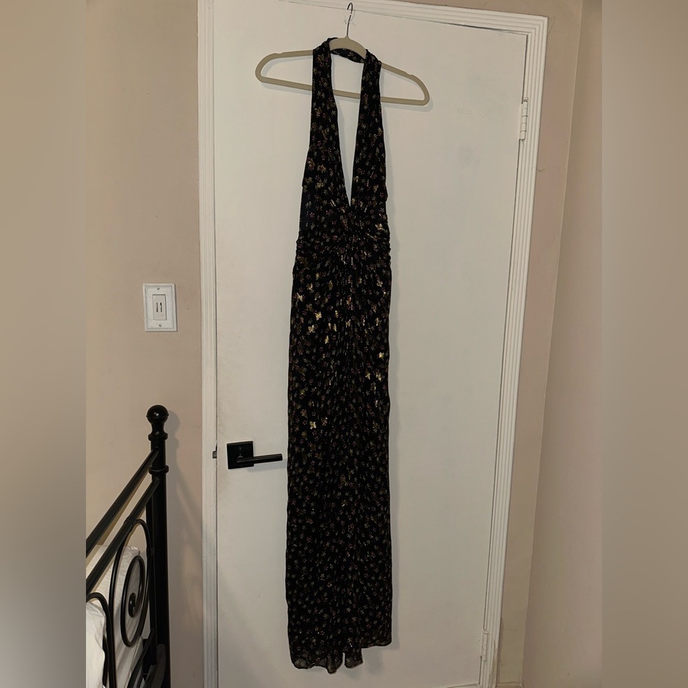 Diane von Furstenberg Black Metallic Maxi Halter Formal Dress Size 8 - Picture 5 of 9